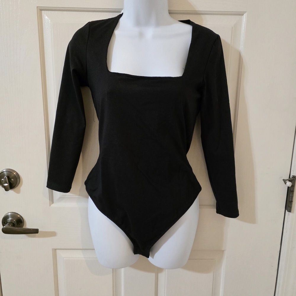 Black Square Neck Long Sleeve Women's Bodysuit